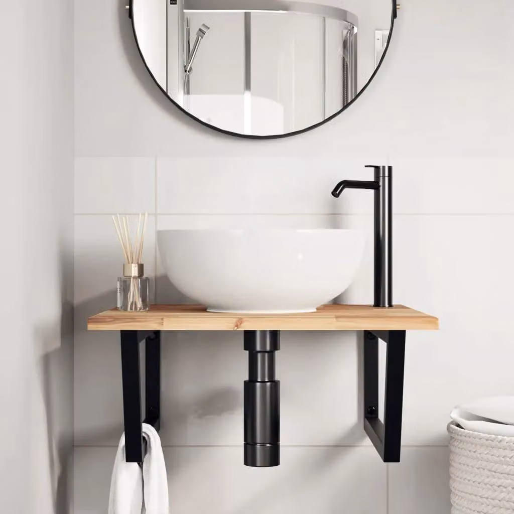 Berkfield Home Wall Mounted Basin Shelf in Brown Acacia Wood and Steel – 2