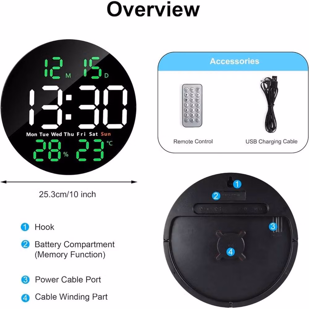 Nordara Black Digital LED Wall Clock with Temperature and Date Display, Diameter: 25.4 cm – 2
