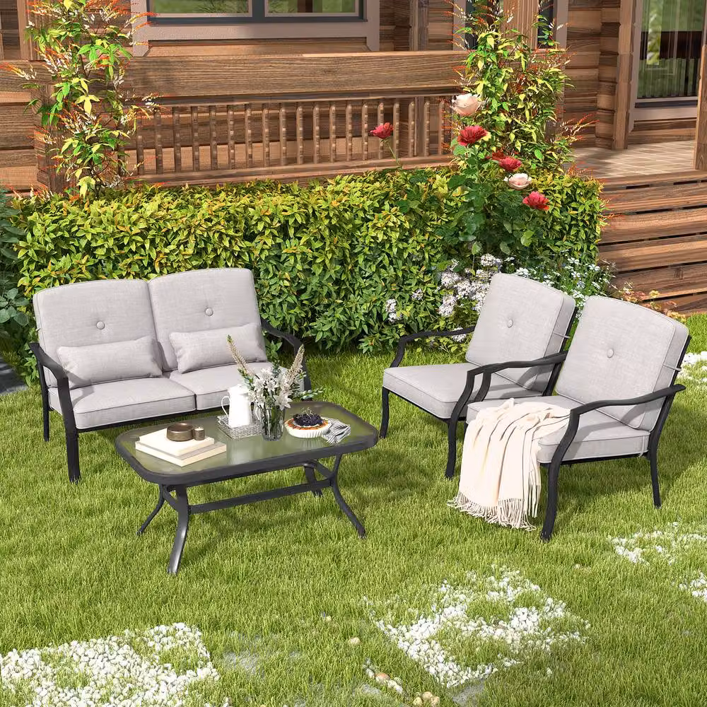 Gymax 4 Piece Outdoor Conversation Set with Upholstered Seat Cushions in Grey – 4