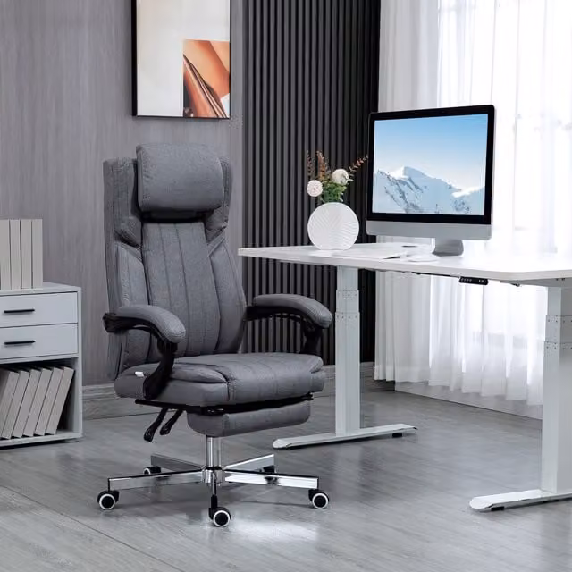 HOMCOM Modern Grey Fabric Executive Office Chair with Adjustable Headrest and Armrests