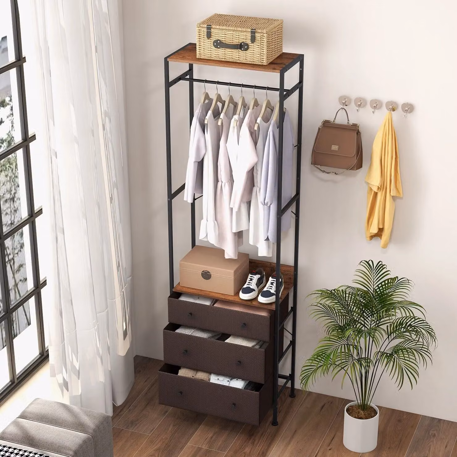 Costway Brown Metal Freestanding Clothes Rack and Industrial Closet Organiser – 3