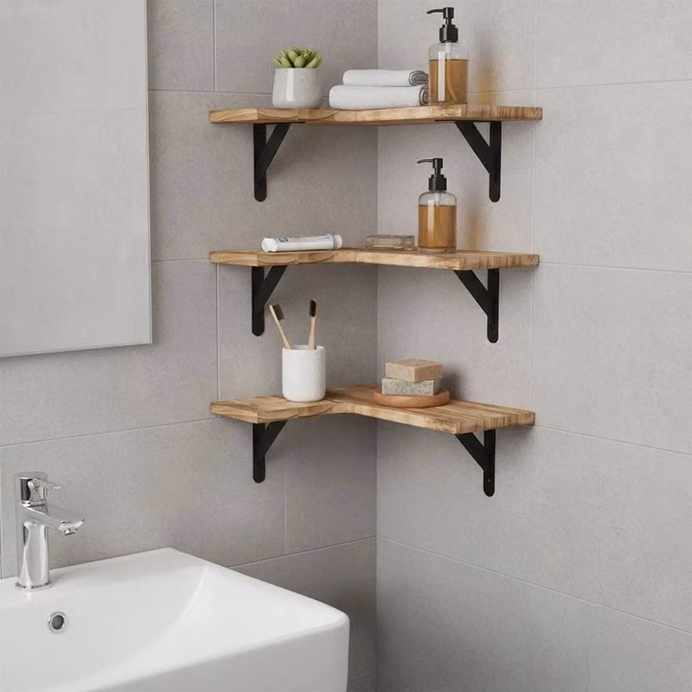 Kelvenix L-Shape Corner Floating Shelves, Brown Rustic Wood and Metal Wall Mounted – 2