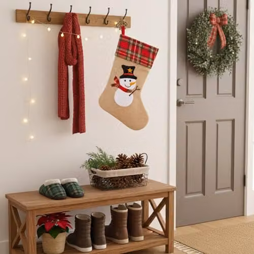 Shatchi Brown Snowman Christmas Stocking, Rustic Burlap Hessian Hanging Sack, W/H: 26 x 25 cm – 9