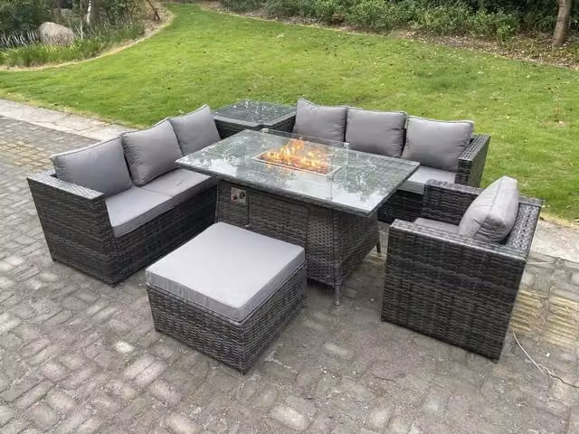 Fimous Dark Grey Rattan Garden Furniture Set with Gas Fire Pit Dining Table and Side Table