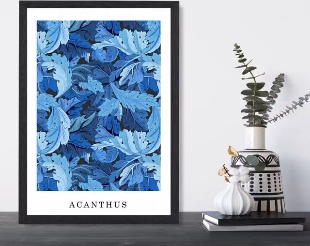 ARTZE William Morris Acanthus Floral Art Print in Bright Blue with Black Frame, A2