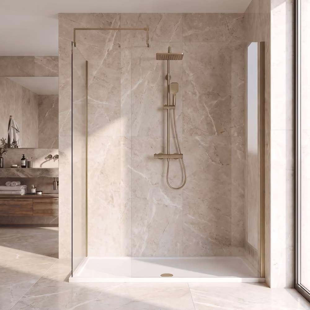 Balterley Walk-In Wetroom Bundle in Brushed Brass with Rectangular Tray and Glass Fixed Panel – 2