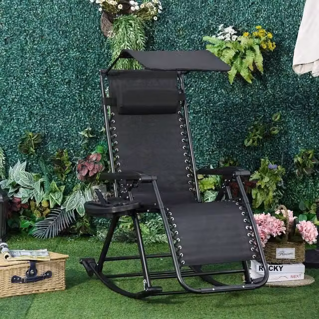 EONLION Black Folding Recliner Outdoor Lounge Chair with Sun Canopy and Adjustable Headrest