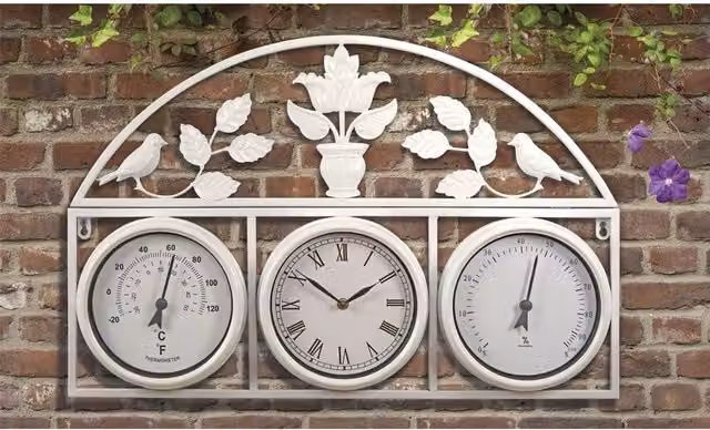 Wyegate Garden Gear Outdoor Weather Station Clock with Thermometer and Hygrometer in Cream Metal