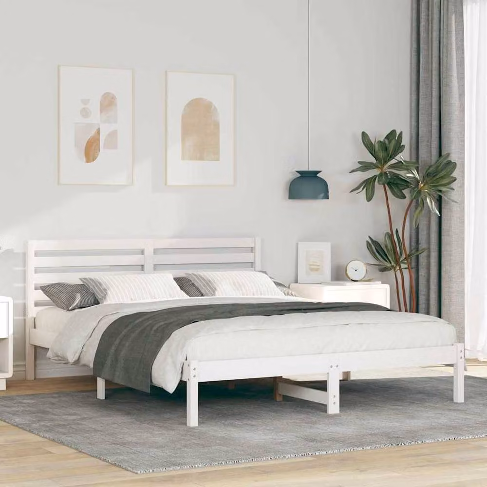 Berkfield Home White Solid Pine Wood Bed Frame with Headboard W/D/H: 160 x 200 x 80.5 cm – 2