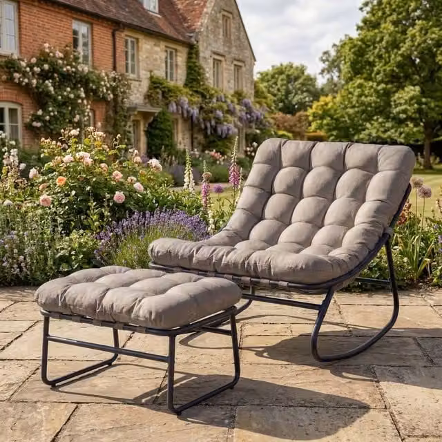 Rosewood & Stone Home Sheesham Wood Rocking Chair and Stool Set in Light Brown and Grey