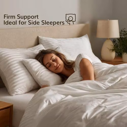 Opulent Home Pack of 4 White Striped Microfibre Pillows, Medium-Firm Hollowfibre Filling for Side Sleepers – 2