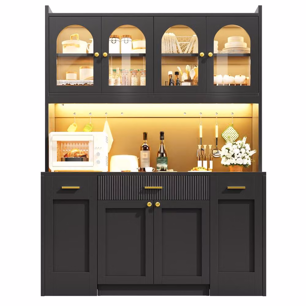 Merax Modern Black Arched Kitchen Dresser with Integrated Lighting and Glass Doors, W/D/H: 120 x 40 x 187 cm – 6
