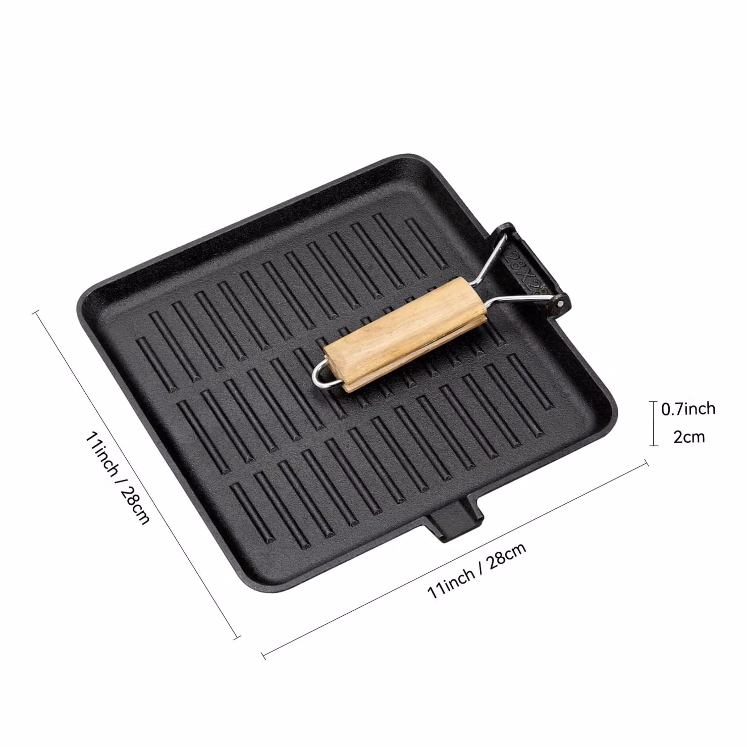 Living and Home Cast Iron Grill Pan with Folding Wood Handle and Pouring Spout, Black, Diameter: 28 cm – 4