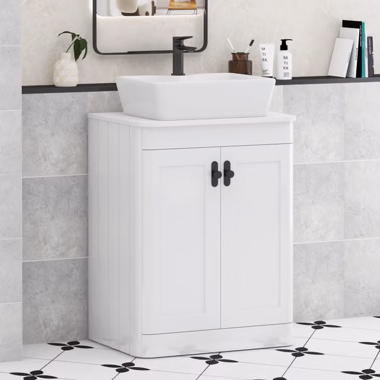 Royal Bathrooms Henley 600mm Gloss White Floor Standing 2 Door Vanity Unit with Cube Basin and Matt Black Knob