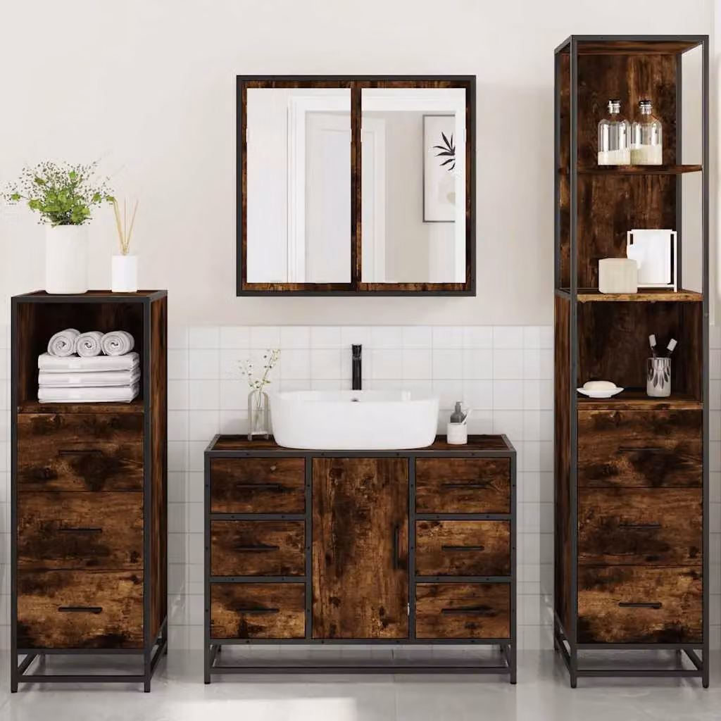 Berkfield Home 4-Piece Industrial Bathroom Furniture Set in Smoked Oak Brown – 3
