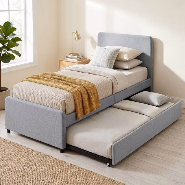 HOMCOM Upholstered Single Bed with Pull Out Trundle in Grey, W/D/H: 90 x 190 cm – 1