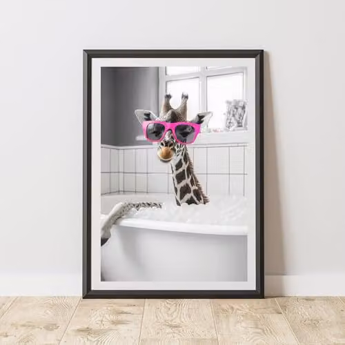 60 Second Makeover Giraffe in Pink Glasses Animal Print Paper Poster, A3