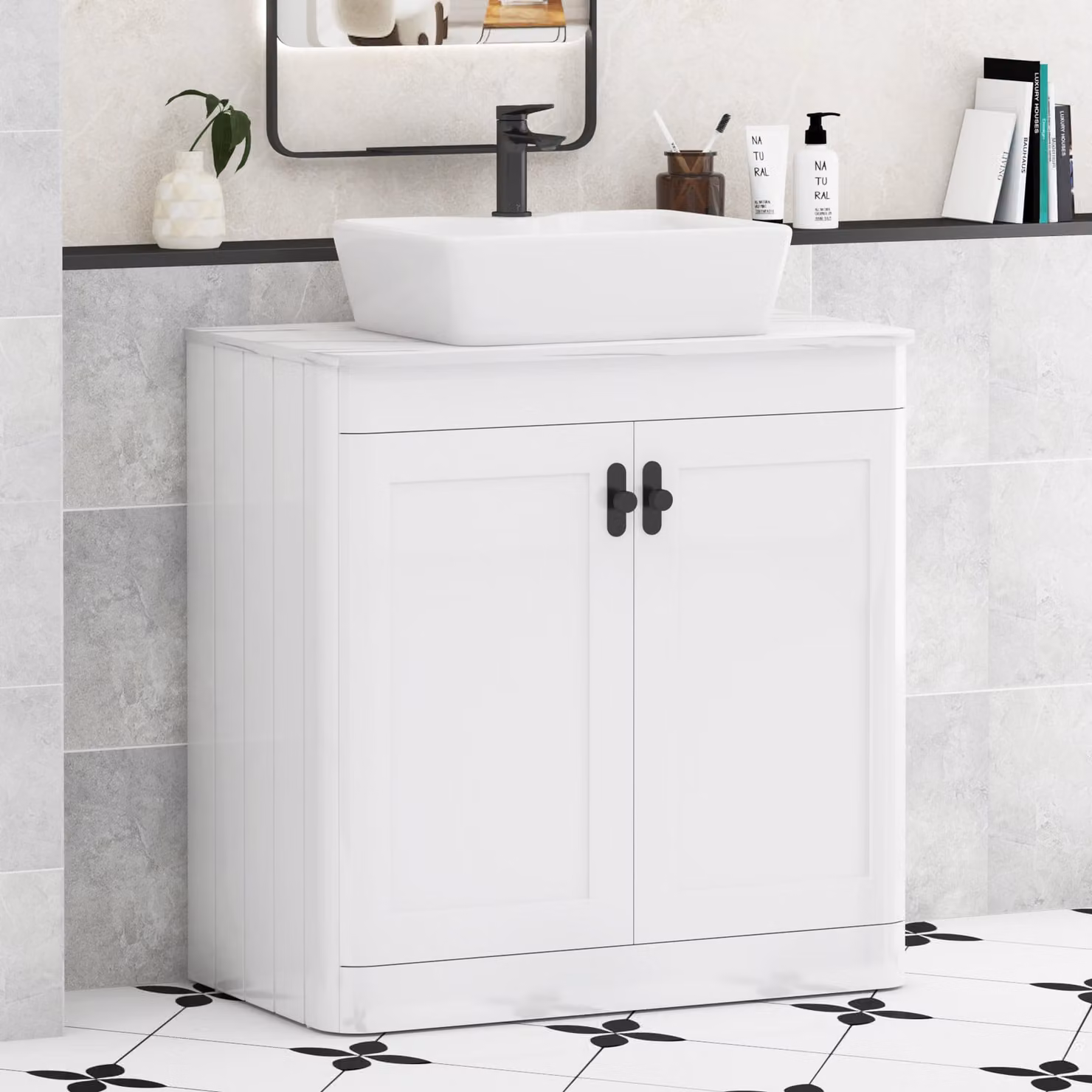 Royal Bathrooms Henley 800mm Gloss White Floor Standing 2 Door Vanity Unit with Cube Basin and Matt Black Knob
