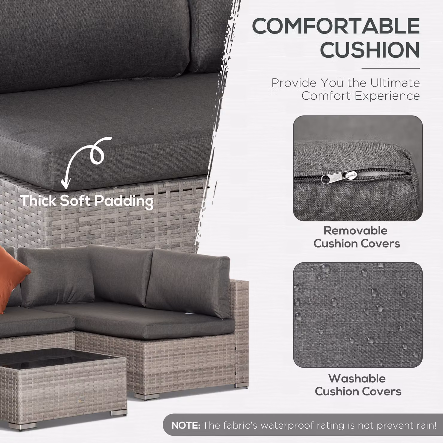 Outsunny 6-Seater L-Shape Garden Rattan Furniture Set with Upholstered Cushions and Tempered Glass Coffee Table in Black and Grey – 4