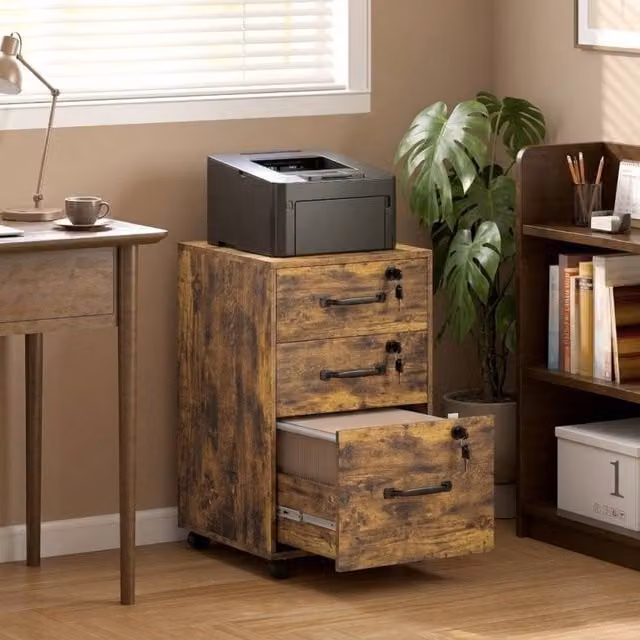 STILVORA Three-Drawer Filing Cabinet with Locks and Castors, Brown, W: 40 cm, D: 40 cm, H: 69.5 cm – 1
