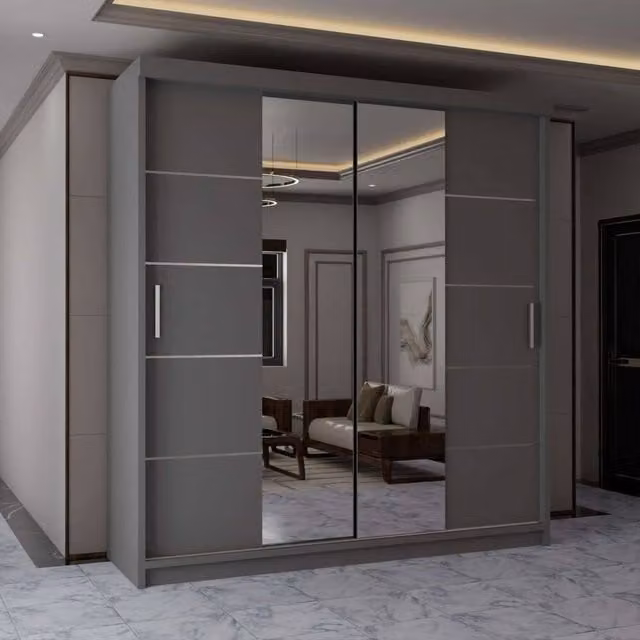 MN Furniture Modern Grey Sliding Mirror Wardrobe with Integrated LED Lighting W/H: 180 x 217 cm
