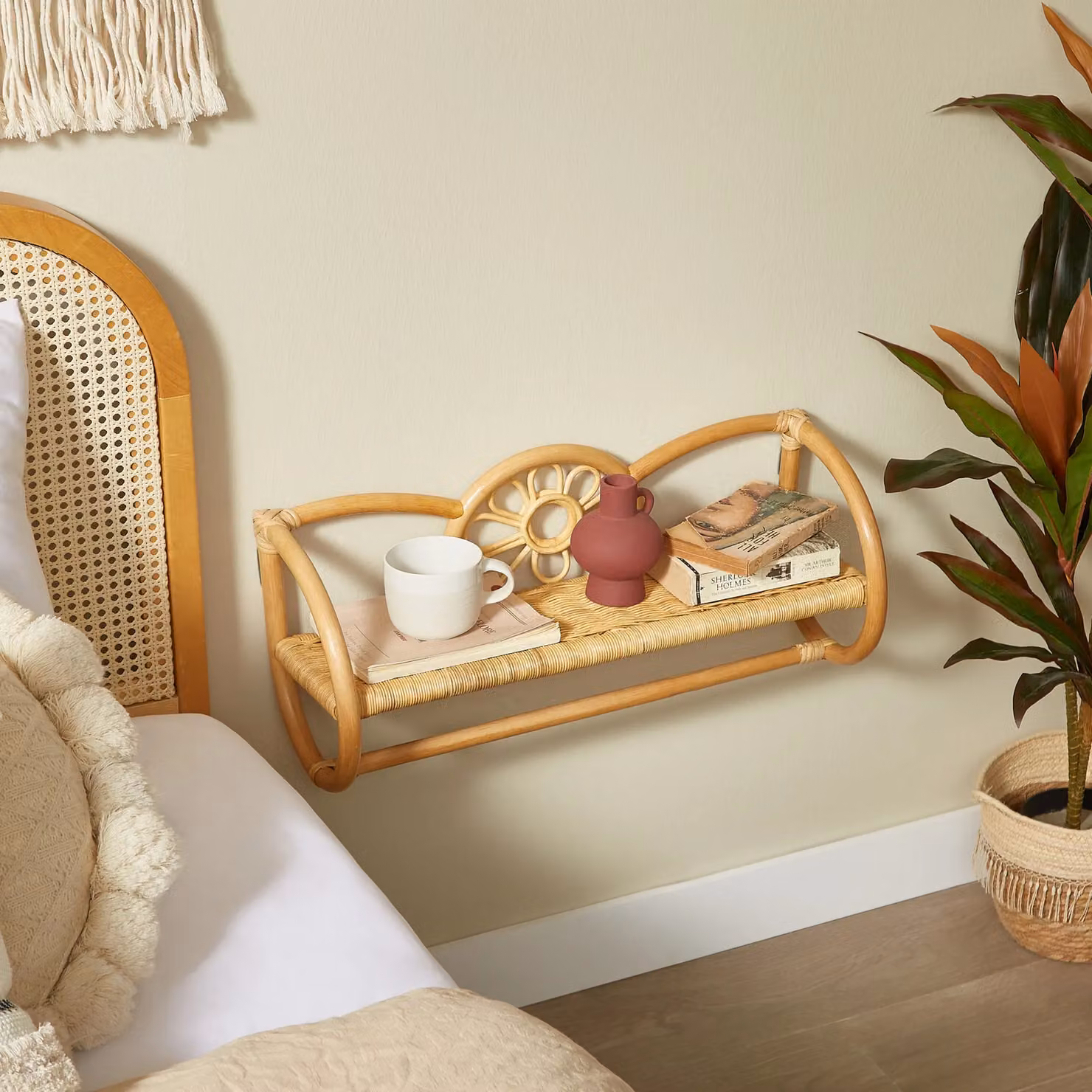 Nordlys Scandinavian Wall Mounted Hanging Storage Shelf in Brown Natural Rattan – 3