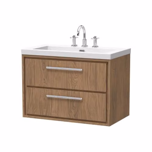 Balterley Wall Hung Bathroom Vanity Unit with 2 Soft Close Drawers and 3 Tap Hole Rectangular Sink in Antique Oak, W: 81.3 cm, D: 46.2 cm, H: 58.4 cm