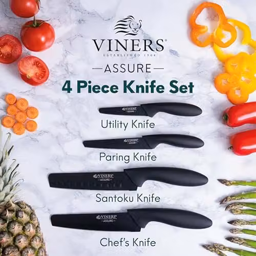 Viners Assure 4 Piece Black Knife Set with Stainless Steel Blades, including Chef, Santoku, Utility and Paring Knives – 2