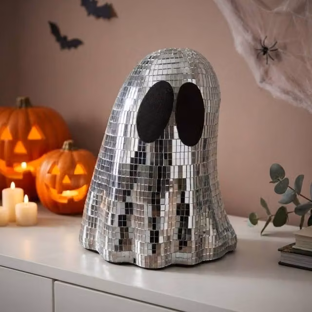 Garden Greatness Halloween Reflective Disco Ghost Tabletop Ornament in Multicolour, Black and Silver