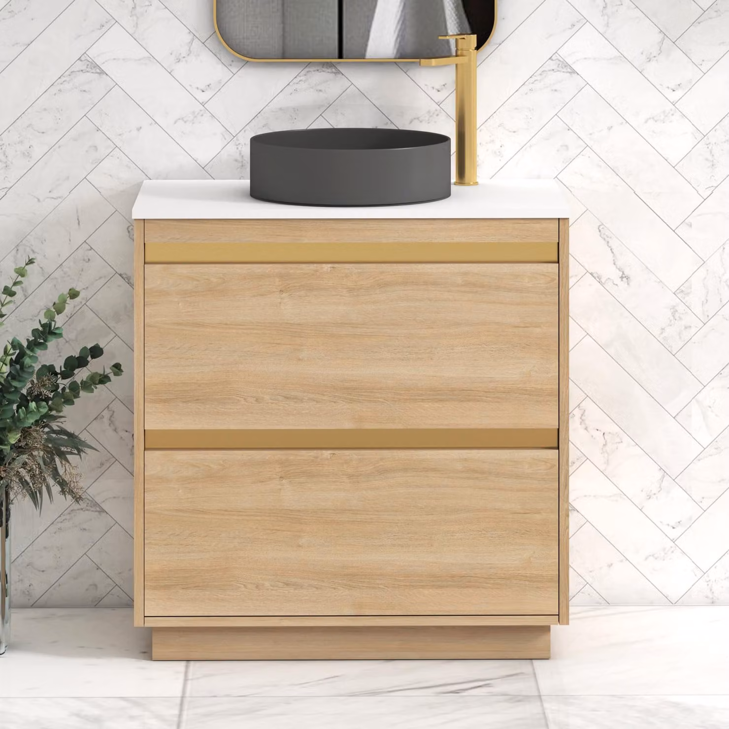 Royal Bathrooms Orion 800mm Natural Oak Floor Standing 2 Drawer Vanity Unit with White Countertop and Art Round Basin featuring Brushed Brass Accent Trim