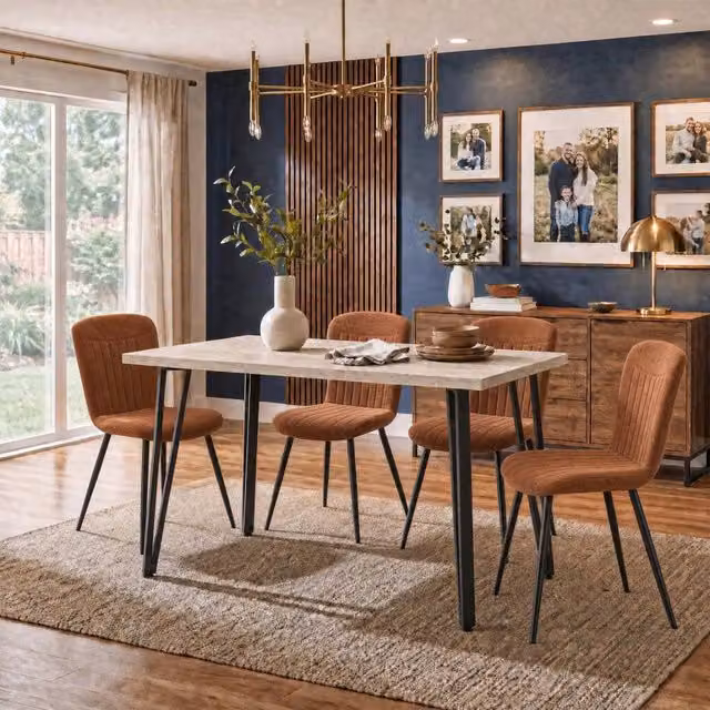 FWStyle Modern Round Travertine Dining Table and 4 Chairs Set in Beige and Brown – 1