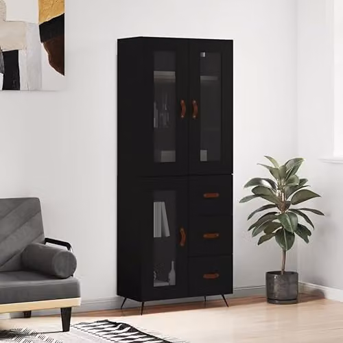 vidaXL Modern Black Highboard in Engineered Wood, W/D/H: 69.5 x 34 x 180 cm – 2