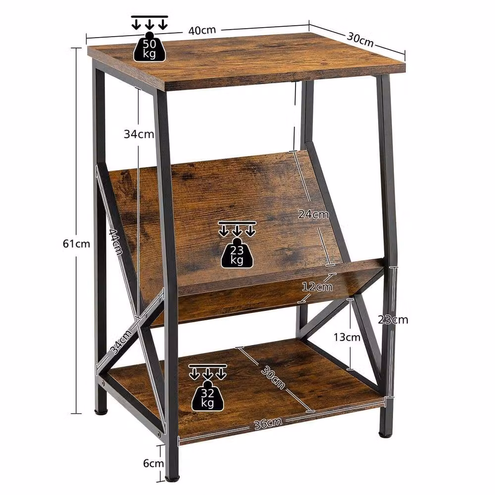 Gymax 3-Tier Industrial Side Table with V-Shaped Magazine Holder and Metal Frame in Brown and Black – 2