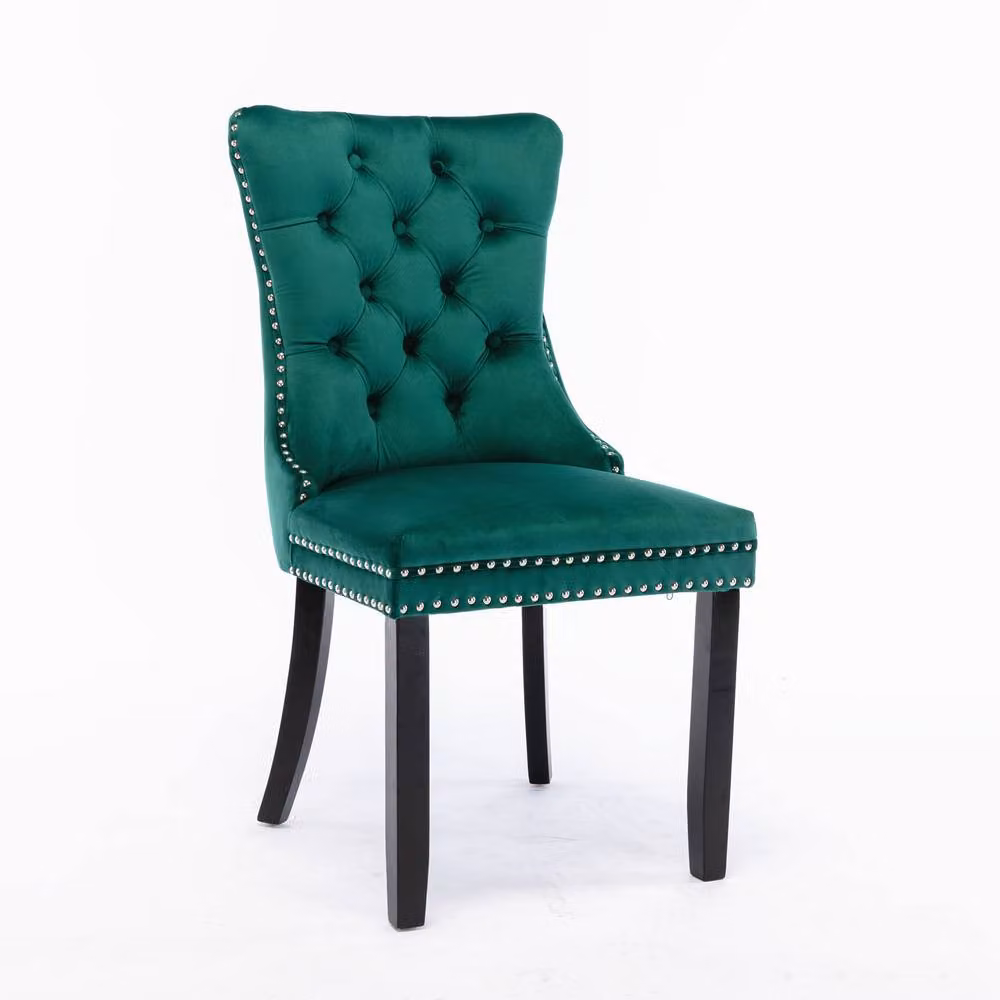 HomeTouch Romsey Set of 6 Velvet Upholstered Dining Chairs with Oak Legs and Knocker Ring Back in Dark Green – 7