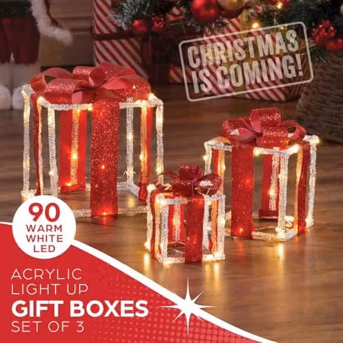 The Christmas Workshop Light-Up Gift Boxes, Set of 3, White and Red with Warm White LED Lights and Timer Function, Battery Powered, W/D/H: 22.0 x 20.0 x 20.0 cm – 4