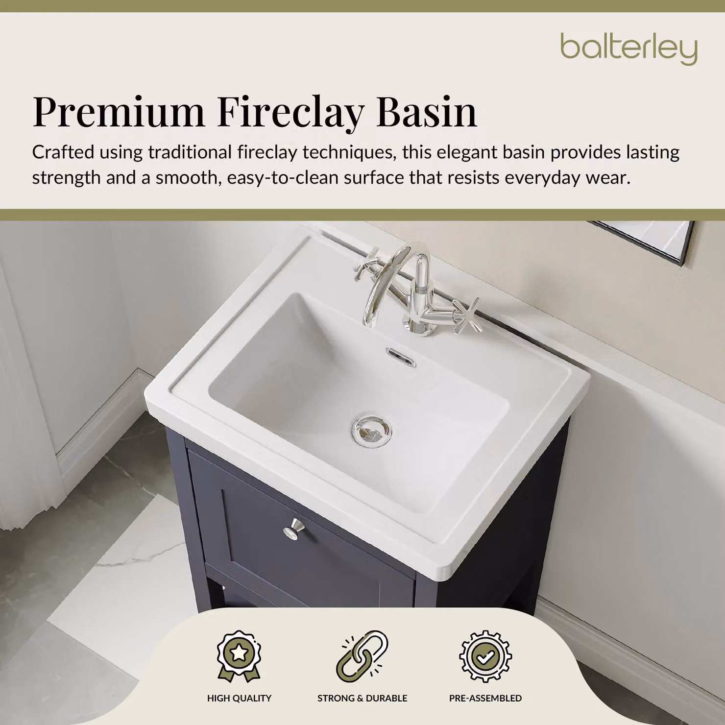 Balterley Blue 1 Drawer Bathroom Vanity with 1 Tap Hole Fireclay Basin, Width: 53.1 cm – 3