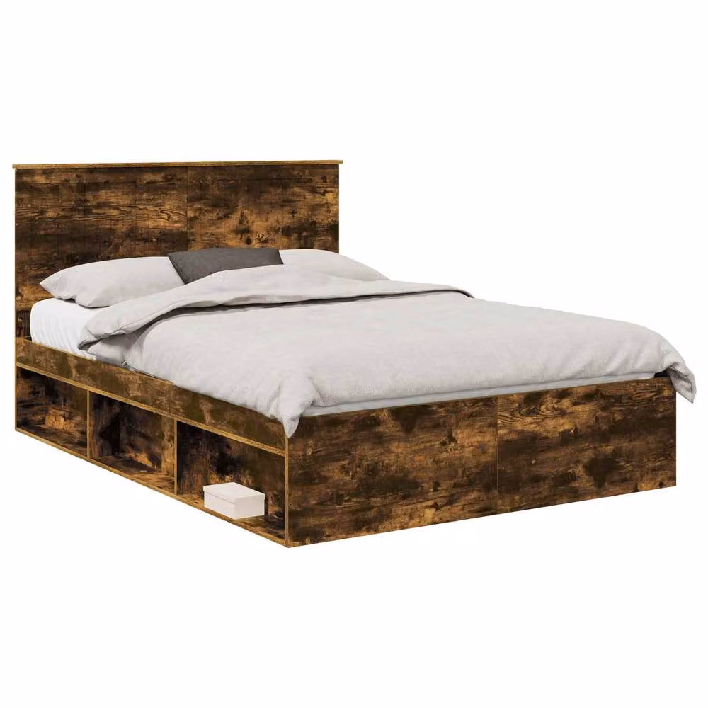 Berkfield Home Modern Bed Frame in Smoked Oak and Brown Solid Pine Wood, W/D/H: 140 x 190 cm – 2