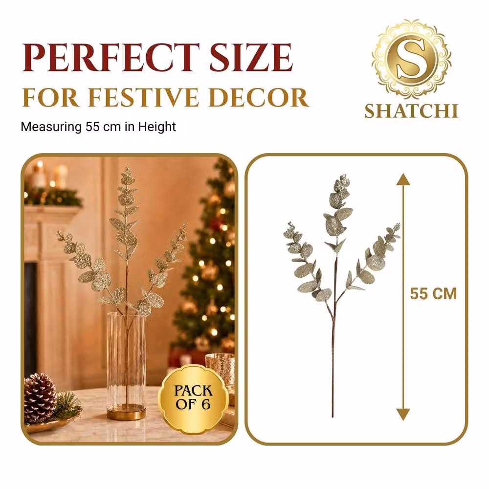 Shatchi Gold Champagne Glitter Artificial Eucalyptus Christmas Tree Picks, 12 Pack, Height: 55 cm – 3
