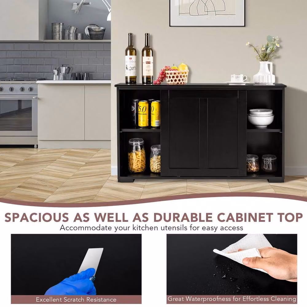 VOGREX Black Lacquered Freestanding Kitchen Storage Cabinet with Internal Shelves and Open Shelf Doors – 4
