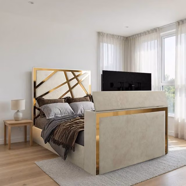 KDMD Ashton Upholstered Soft Velvet TV Bed Frame in Cream, King Size (180 x 200 cm) – 1
