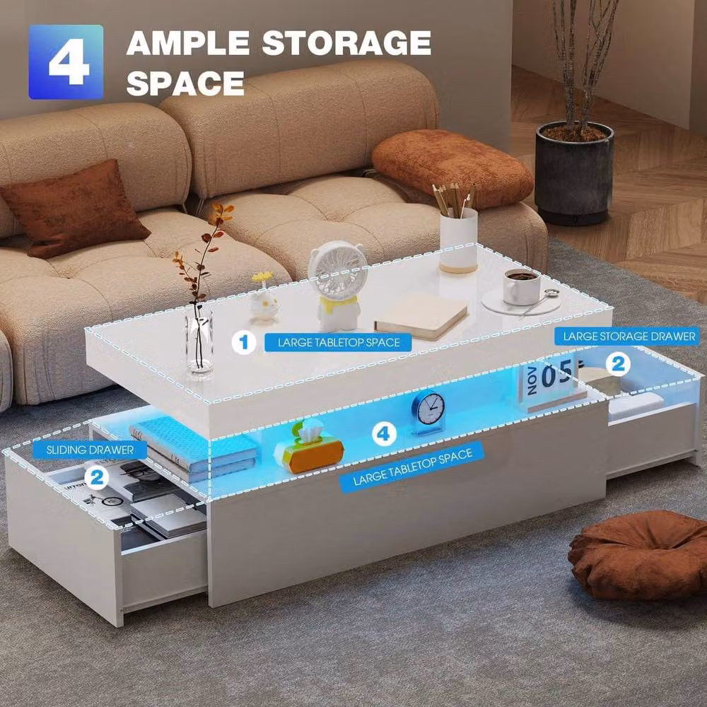 EONLION Modern LED Coffee Table with 2 Drawers in White, Width: 100 cm – 4