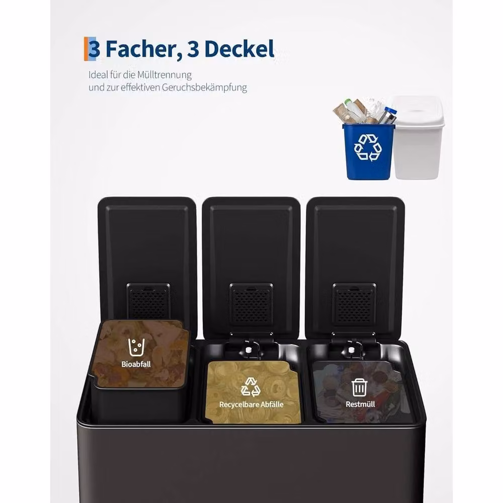 Havendro Black Stainless Steel 3 Compartment Recycling Bin with Removable Buckets – 5