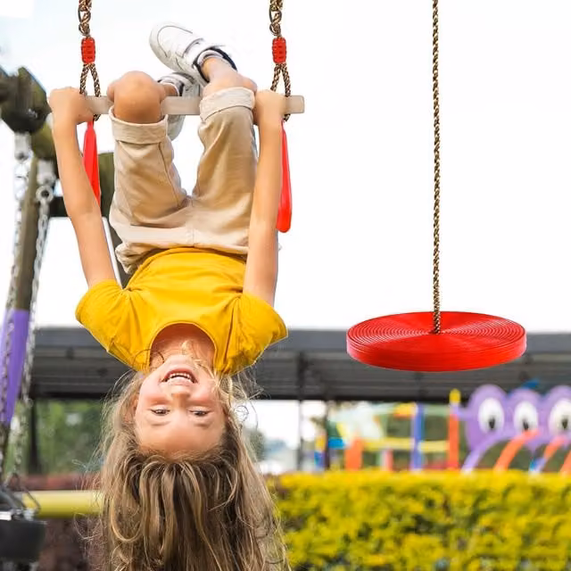 The Magic Toy Shop Red Wooden Kids Swing Set with Trapeze Bar and Round Swing Seat