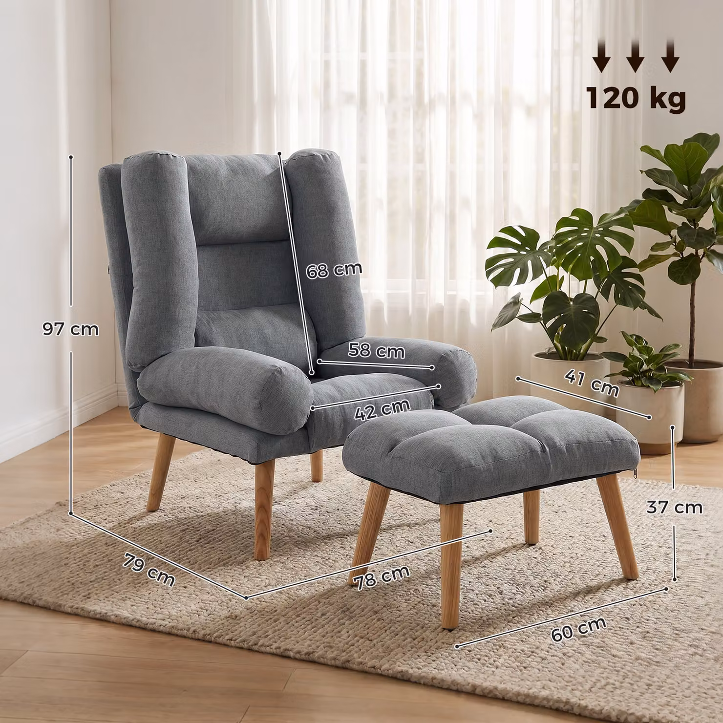 HOMCOM Grey Fabric Recliner Armchair with Matching Footstool and Wooden Legs – 3
