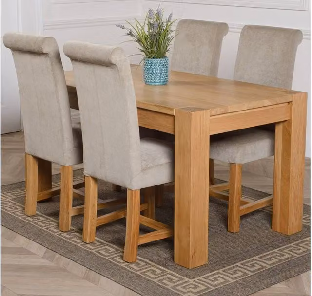 Thats Furniture Kuba Dining Set with Medium Oak Table and 4 Grey Washington Fabric Chairs, W: 150 cm, D: 85 cm, H: 85 cm