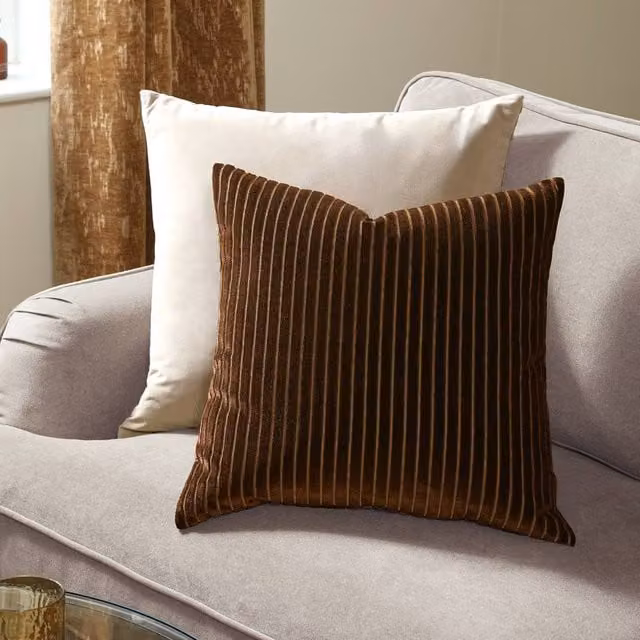 Paoletti Savoy Stripe Velvet Cushion in Brown, W/D/H: 50 x 50 x 50 cm