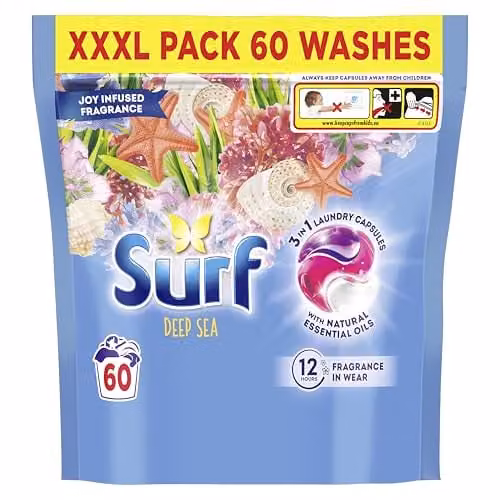 Surf 3 in 1 Deep Sea Laundry Washing Detergent Capsules with Joy-Infused Fragrance and Natural Essential Oils, 60 Washes