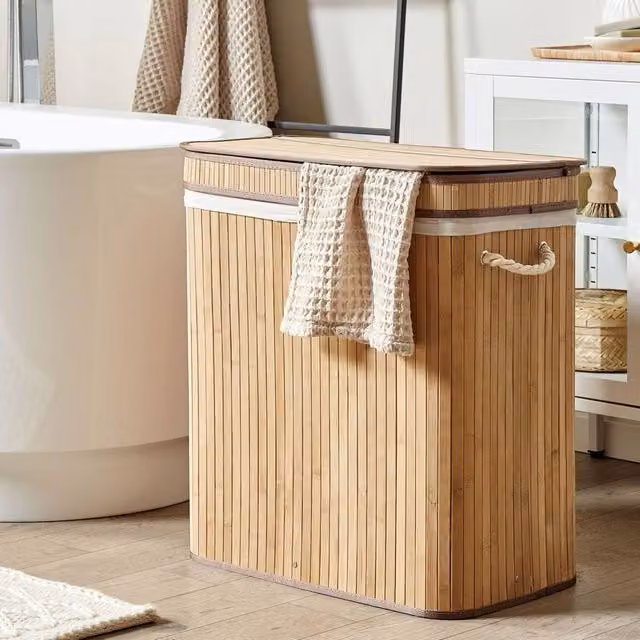 Wyld and Coco Bamboo Laundry Hamper with 2 Compartments and Zip Lid in Brown