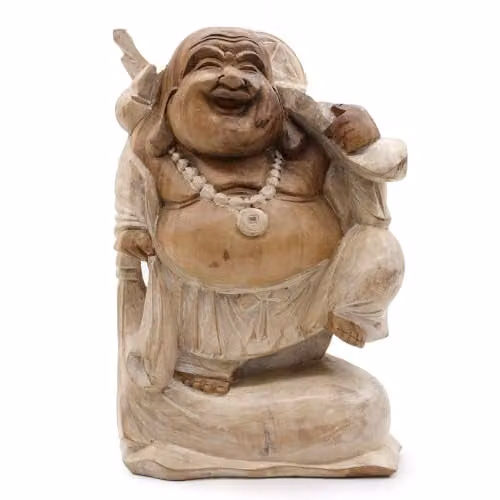 Ancient Wisdom Happy Buddha Wood Figurine in Whitewash and Brown, Height: 30 cm