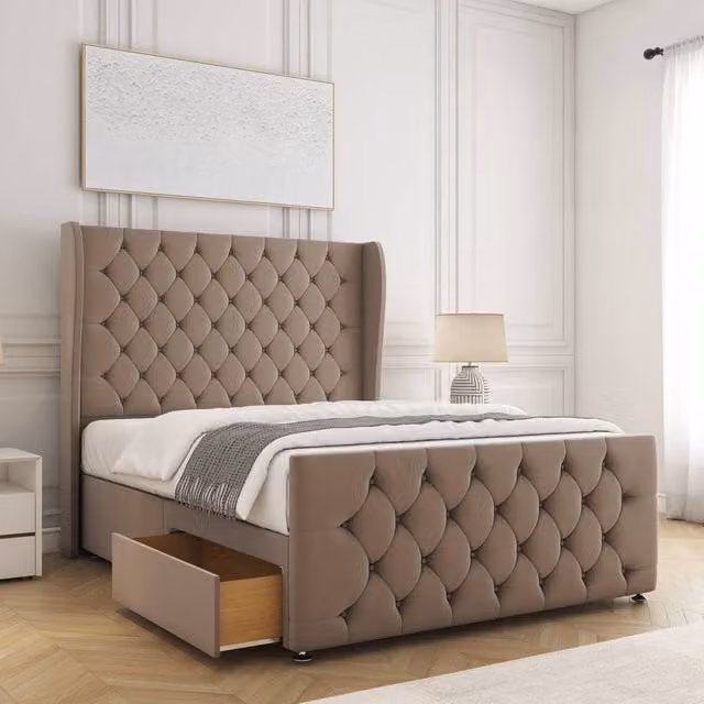 BSSPOKE Anna Plush Velvet Double Divan Bed with 54 inch Headboard and 2 Drawers in Bronze